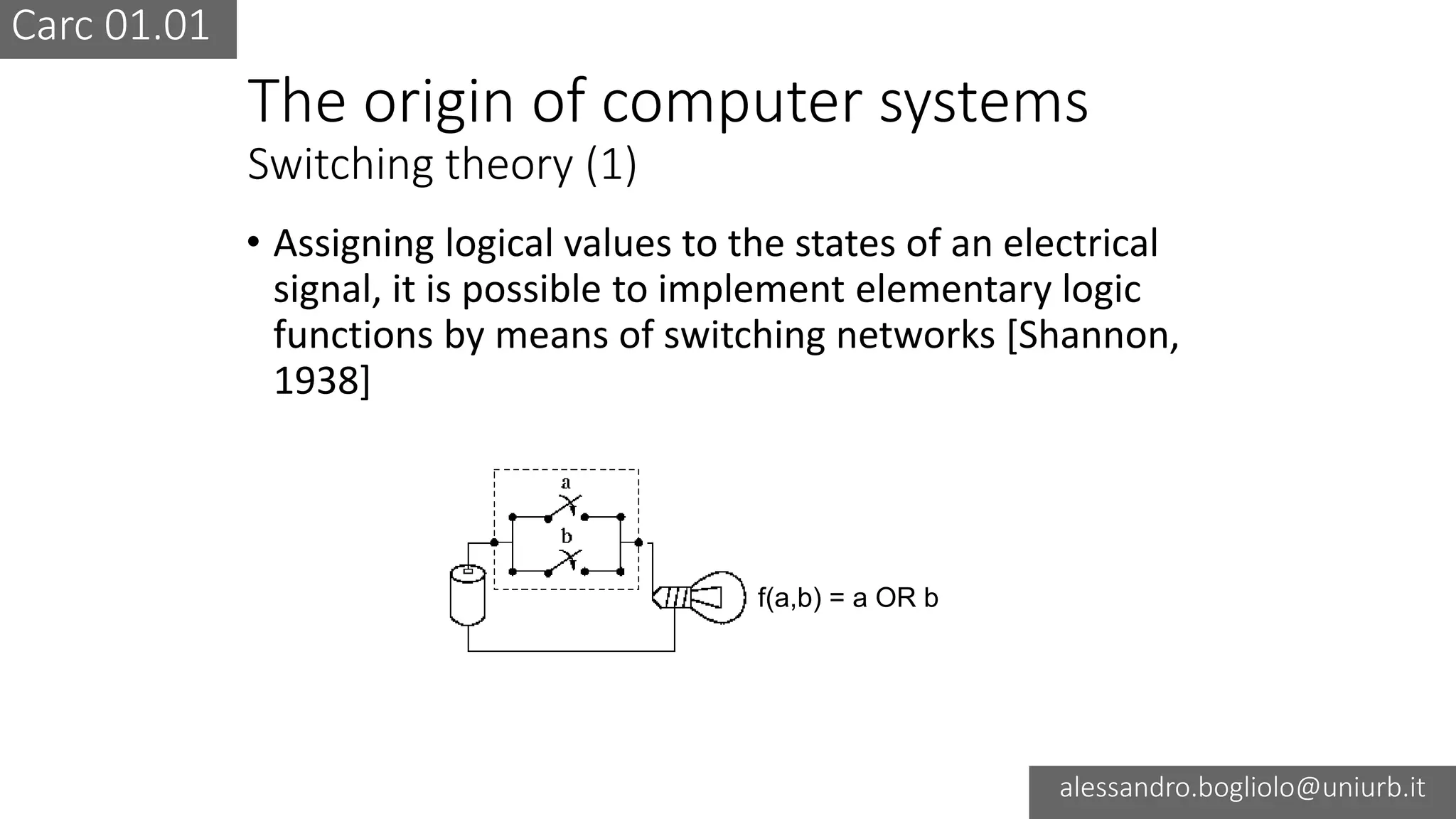 Carc 01.01
alessandro.bogliolo@uniurb.it
The origin of computer systems
Switching theory (1)
• Assigning logical values to the states of an electrical
signal, it is possible to implement elementary logic
functions by means of switching networks [Shannon,
1938]
f(a,b) = a OR b
 