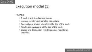 Carc 04.02
alessandro.bogliolo@uniurb.it
Execution model (1)
• STACK
• A stack is a first-in-last-out queue
• Internal registers are handled has a stack
• Operands are always taken from the top of the stack
• Results are always put at the top of the stack
• Source and destination registers do not need to be
specified
 