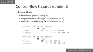 Carc 05.03
alessandro.bogliolo@uniurb.it
CBranch IF ID EX MEM WB
+1 IF (abort)
Target --- IF ID EX MEM WB
target+1 IF ID EX MEM WB
Control-flow hazards (solution 1)
• Assumptions:
• Branch recognized during ID
• Target computed during ID (PC updated soon)
• Condition tested during EX (PC updated soon)
UCBranch IF ID EX MEM WB
+1 IF (abort)
Target IF ID EX MEM WB
target+1 IF ID EX MEM WB
 