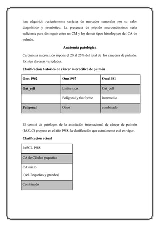 han adquirido recientemente carácter de marcador tumorales por su valor
diagnóstico y pronóstico. La presencia de péptido neuroendocrinos sería
suficiente para distinguir entre un CM y los demás tipos histológicos del CA de
pulmón.

Anatomía patológica
Carcinoma microcitico supone el 20 al 25% del total de los canceres de pulmón.
Existen diversas variedades.
Clasificación histórica de cáncer microcitico de pulmón
Oms 1962

Oms1967

Oms1981

Oat_cell

Linfocitico

Oat_cell

Poligonal y fusiforme

intermedio

Otros

combinado

Poligonal

El comité de patólogos de la asociación internacional de cáncer de pulmón
(IASLC) propuso en el año 1988, la clasificación que actualmente está en vigor.
Clasificación actual
IASCL 1988
CA de Células pequeñas
CA mixto
(cel. Pequeñas y grandes)
Combinado

 