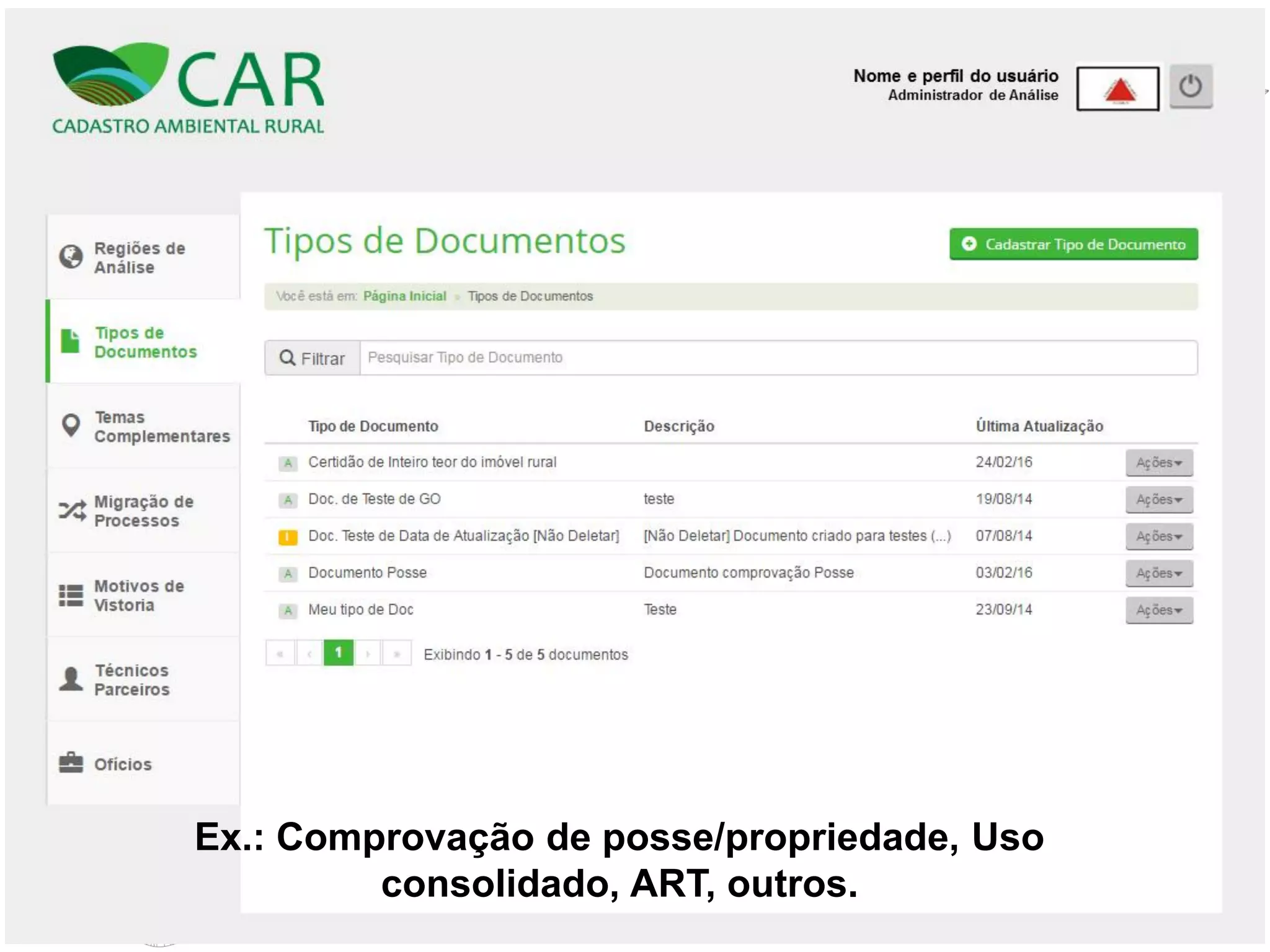 Ex.: Comprovação de posse/propriedade, Uso
consolidado, ART, outros.
 