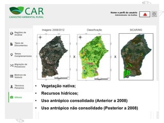 • Vegetação nativa;
• Recursos hídricos;
• Uso antrópico consolidado (Anterior a 2008)
• Uso antrópico não consolidado (Posterior a 2008)
 