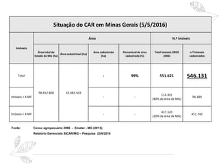 Fonte: Censo agropecuário 2006 - Emater - MG (2013);
Relatório Gerenciais SICAR/MG – Pesquisa 23/6/2016
Situação do CAR em Minas Gerais (5/5/2016)
Imóveis
Área N.º imóveis
Área total do
Estado de MG (ha)
Área cadastrável (ha)
Área cadastrada
(ha)
Percentual de área
cadastrada (%)
Total Imóveis (IBGE
2006)
n.º Imóveis
cadastrados
Total
58.652.800 33.083.503
- 99% 551.621 546.131
Imóveis > 4 MF - -
114.301
(80% da área de MG)
94.389
Imóveis < 4 MF - -
437.320
(20% da área de MG)
451.742
 