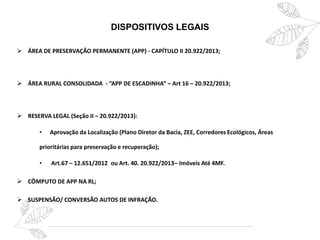 DISPOSITIVOS LEGAIS
 ÁREA DE PRESERVAÇÃO PERMANENTE (APP) - CAPÍTULO II 20.922/2013;
 ÁREA RURAL CONSOLIDADA - “APP DE ESCADINHA” – Art 16 – 20.922/2013;
 RESERVA LEGAL (Seção II – 20.922/2013):
• Aprovação da Localização (Plano Diretor da Bacia, ZEE, Corredores Ecológicos, Áreas
prioritárias para preservação e recuperação);
• Art.67 – 12.651/2012 ou Art. 40. 20.922/2013– Imóveis Até 4MF.
 CÔMPUTO DE APP NA RL;
 SUSPENSÃO/ CONVERSÃO AUTOS DE INFRAÇÃO.
 