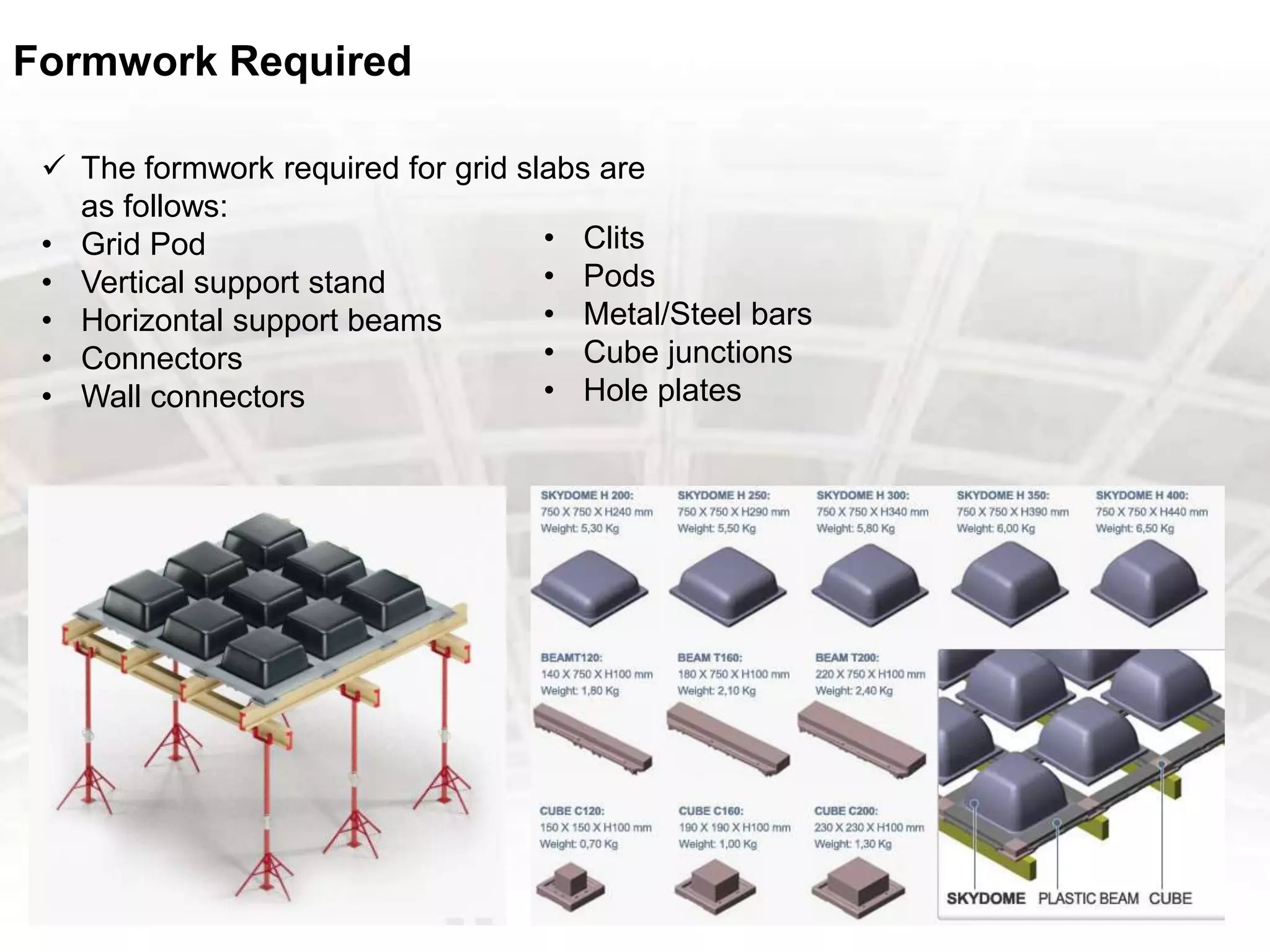Formwork Required
 The formwork required for grid slabs are
as follows:
• Grid Pod
• Vertical support stand
• Horizontal support beams
• Connectors
• Wall connectors
• Clits
• Pods
• Metal/Steel bars
• Cube junctions
• Hole plates
 