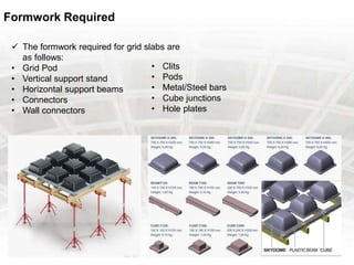 Formwork Required
 The formwork required for grid slabs are
as follows:
• Grid Pod
• Vertical support stand
• Horizontal support beams
• Connectors
• Wall connectors
• Clits
• Pods
• Metal/Steel bars
• Cube junctions
• Hole plates
 
