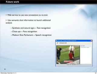 • Web service to use new annotations to re-train
• Use semantic shot information to launch additional
analysis
- Synthetic and natural signs -- Text recognition
- Close ups -- Face recognition
- Medium Shot Parliament -- Speech recognition
Future work
+,



( 	
	
		
 