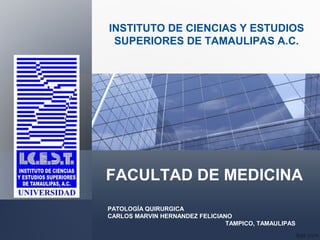 FACULTAD DE MEDICINA 
PATOLOGÍA QUIRURGICA 
CARLOS MARVIN HERNANDEZ FELICIANO 
TAMPICO, TAMAULIPAS 
Logo 
INSTITUTO DE CIENCIAS Y ESTUDIOS 
SUPERIORES DE TAMAULIPAS A.C. 
 