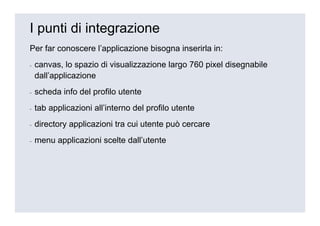 I punti di integrazione
Per far conoscere l’applicazione bisogna inserirla in:
-   canvas, lo spazio di visualizzazione largo 760 pixel disegnabile
    dall’applicazione
-   scheda info del profilo utente
-   tab applicazioni all’interno del profilo utente
-   directory applicazioni tra cui utente può cercare
-   menu applicazioni scelte dall’utente
 