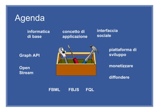 Agenda
   informatica      concetto di      interfaccia
   di base          applicazione     sociale


                                           piattaforma di
Graph API                                  sviluppo


Open                                       monetizzare
Stream
                                           diffondere

             FBML     FBJS     FQL
 