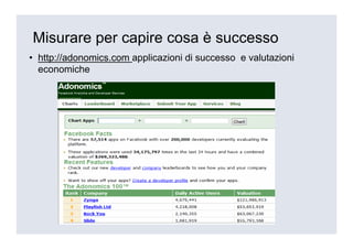 Misurare per capire cosa è successo
• http://adonomics.com applicazioni di successo e valutazioni
  economiche
 