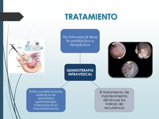 TRATAMIENTO
QUIMIOTERAPIA
INTRAVESICAL
Tto intravesical tiene
fin profiláctico o
terapéutico
El tratamiento de
mantenimiento
disminuye los
índices de
recurrencia
Evitar complicaciones
sistémicas sin
administrar
quimioterapia
intaravesical en
macrohematuria
 