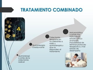 TRATAMIENTO COMBINADO
Quimioterapi
a antes de la
cistectomía
radical
Quimioterapia
coadyuvante
Cistectomía
temprana en
no tolerantes a
radio y
quimioterapia y
que no
responden al
tratamiento
Mal pronóstico
cuando hay
hidronefrosis,
estadio clínico
avanzado,
imposibilidad de
terminar protocolo
terapéutico y mal
estado de
desempeño
 