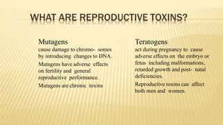WHAT ARE REPRODUCTIVE TOXINS?
Mutagens
cause damage to chromo- somes
by introducing changes to DNA.
Mutagens have adverse effects
on fertility and general
reproductive performance.
Mutagens are chronic toxins
Teratogens
act during pregnancy to cause
adverse effects on the embryo or
fetus including malformations,
retarded growth and post- natal
deficiencies.
Reproductive toxins can affect
both men and women.
 