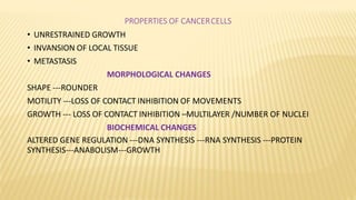 PROPERTIES OF CANCERCELLS
• UNRESTRAINED GROWTH
• INVANSION OF LOCAL TISSUE
• METASTASIS
MORPHOLOGICAL CHANGES
SHAPE ---ROUNDER
MOTILITY ---LOSS OF CONTACT INHIBITION OF MOVEMENTS
GROWTH --- LOSS OF CONTACT INHIBITION –MULTILAYER /NUMBER OF NUCLEI
BIOCHEMICAL CHANGES
ALTERED GENE REGULATION ---DNA SYNTHESIS ---RNA SYNTHESIS ---PROTEIN
SYNTHESIS---ANABOLISM---GROWTH
 