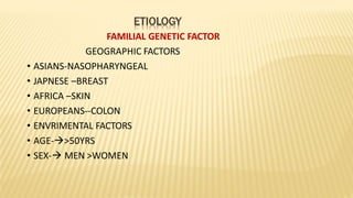 ETIOLOGY
FAMILIAL GENETIC FACTOR
GEOGRAPHIC FACTORS
• ASIANS-NASOPHARYNGEAL
• JAPNESE –BREAST
• AFRICA –SKIN
• EUROPEANS--COLON
• ENVRIMENTAL FACTORS
• AGE->50YRS
• SEX- MEN >WOMEN
 