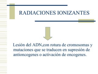 RADIACIONES IONIZANTES Lesión del ADN,con rotura de cromosomas y mutaciones que se traducen en supresión de antioncogenes o activación de oncogenes. 