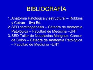 BIBLIOGRAFÍA
1.Anatomía Patológica y estructural – Robbins
y Cotran – 8va Ed.
2.SED carcinogénesis – Cátedra de Anatomía
Patológica – Facultad de Medicina –UNT
3.SED Taller de Neoplasias Malignas: Cáncer
de Colon – Cátedra de Anatomía Patológica
– Facultad de Medicina –UNT
 