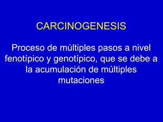 CARCINOGENESIS
Proceso de múltiples pasos a nivel
fenotípico y genotípico, que se debe a
la acumulación de múltiples
mutaciones
 