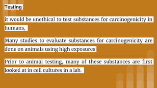 Testing
it would be unethical to test substances for carcinogenicity in
humans,
Many studies to evaluate substances for carcinogenicity are
done on animals using high exposures
Prior to animal testing, many of these substances are first
looked at in cell cultures in a lab.
 