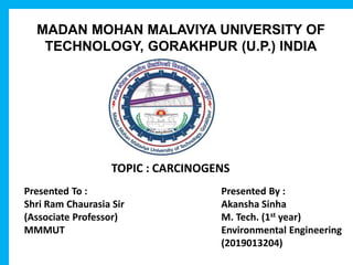 MADAN MOHAN MALAVIYA UNIVERSITY OF
TECHNOLOGY, GORAKHPUR (U.P.) INDIA
TOPIC : CARCINOGENS
Presented To :
Shri Ram Chaurasia Sir
(Associate Professor)
MMMUT
Presented By :
Akansha Sinha
M. Tech. (1st year)
Environmental Engineering
(2019013204)
 
