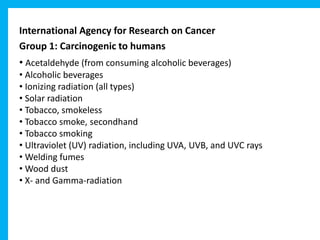 International Agency for Research on Cancer
Group 1: Carcinogenic to humans
• Acetaldehyde (from consuming alcoholic beverages)
• Alcoholic beverages
• Ionizing radiation (all types)
• Solar radiation
• Tobacco, smokeless
• Tobacco smoke, secondhand
• Tobacco smoking
• Ultraviolet (UV) radiation, including UVA, UVB, and UVC rays
• Welding fumes
• Wood dust
• X- and Gamma-radiation
 