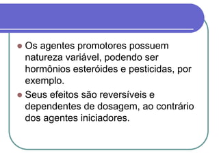  Os agentes promotores possuem
natureza variável, podendo ser
hormônios esteróides e pesticidas, por
exemplo.
 Seus efeitos são reversíveis e
dependentes de dosagem, ao contrário
dos agentes iniciadores.
 