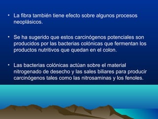 • La fibra también tiene efecto sobre algunos procesos
neoplásicos.
• Se ha sugerido que estos carcinógenos potenciales son
producidos por las bacterias colónicas que fermentan los
productos nutritivos que quedan en el colon.
• Las bacterias colónicas actúan sobre el material
nitrogenado de desecho y las sales biliares para producir
carcinógenos tales como las nitrosaminas y los fenoles.

 