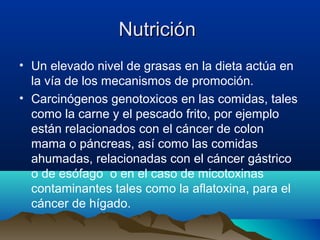 Nutrición
• Un elevado nivel de grasas en la dieta actúa en
la vía de los mecanismos de promoción.
• Carcinógenos genotoxicos en las comidas, tales
como la carne y el pescado frito, por ejemplo
están relacionados con el cáncer de colon
mama o páncreas, así como las comidas
ahumadas, relacionadas con el cáncer gástrico
o de esófago o en el caso de micotoxinas
contaminantes tales como la aflatoxina, para el
cáncer de hígado.

 