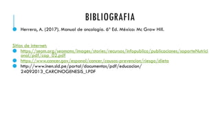 BIBLIOGRAFIA
● Herrera, A. (2017). Manual de oncología. 6ª Ed. México: Mc Graw Hill.
Sitios de internet:
● https://seom.org/seomcms/images/stories/recursos/infopublico/publicaciones/soporteNutrici
onal/pdf/cap_02.pdf
● https://www.cancer.gov/espanol/cancer/causas-prevencion/riesgo/dieta
● http://www.inen.sld.pe/portal/documentos/pdf/educacion/
24092013_CARCINOGENESIS_I.PDF
 