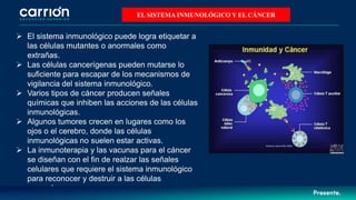  El sistema inmunológico puede logra etiquetar a
las células mutantes o anormales como
extrañas.
 Las células cancerígenas pueden mutarse lo
suficiente para escapar de los mecanismos de
vigilancia del sistema inmunológico.
 Varios tipos de cáncer producen señales
químicas que inhiben las acciones de las células
inmunológicas.
 Algunos tumores crecen en lugares como los
ojos o el cerebro, donde las células
inmunológicas no suelen estar activas.
 La inmunoterapia y las vacunas para el cáncer
se diseñan con el fin de realzar las señales
celulares que requiere el sistema inmunológico
para reconocer y destruir a las células
cancerígenas.
EL SISTEMA INMUNOLÓGICO Y EL CÁNCER
 
