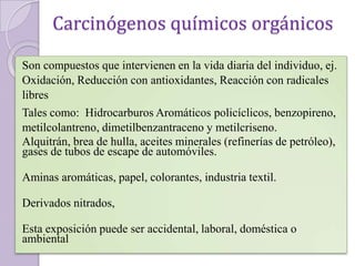 Carcinógenos químicos orgánicos
Son compuestos que intervienen en la vida diaria del individuo, ej.
Oxidación, Reducción con antioxidantes, Reacción con radicales
libres
Tales como: Hidrocarburos Aromáticos policíclicos, benzopireno,
metilcolantreno, dimetilbenzantraceno y metilcriseno.
Alquitrán, brea de hulla, aceites minerales (refinerías de petróleo),
gases de tubos de escape de automóviles.
Aminas aromáticas, papel, colorantes, industria textil.
Derivados nitrados,
Esta exposición puede ser accidental, laboral, doméstica o
ambiental

 