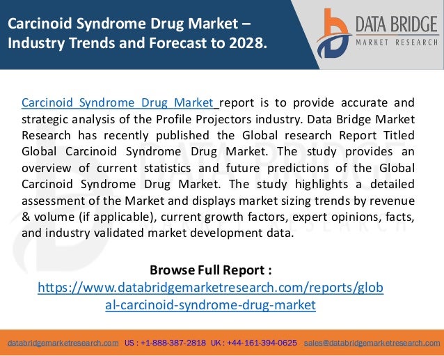 databridgemarketresearch.com US : +1-888-387-2818 UK : +44-161-394-0625 sales@databridgemarketresearch.com
1
Carcinoid Syndrome Drug Market –
Industry Trends and Forecast to 2028.
Carcinoid Syndrome Drug Market report is to provide accurate and
strategic analysis of the Profile Projectors industry. Data Bridge Market
Research has recently published the Global research Report Titled
Global Carcinoid Syndrome Drug Market. The study provides an
overview of current statistics and future predictions of the Global
Carcinoid Syndrome Drug Market. The study highlights a detailed
assessment of the Market and displays market sizing trends by revenue
& volume (if applicable), current growth factors, expert opinions, facts,
and industry validated market development data.
Browse Full Report :
https://www.databridgemarketresearch.com/reports/glob
al-carcinoid-syndrome-drug-market
 