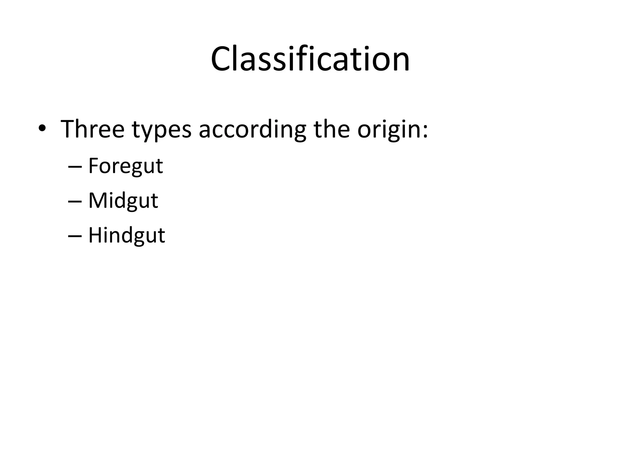 Classification
• Three types according the origin:
  – Foregut
  – Midgut
  – Hindgut
 