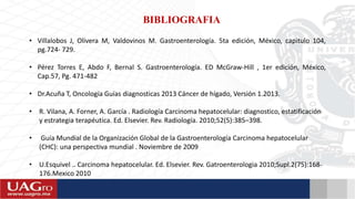 BIBLIOGRAFIA
• Villalobos J, Olivera M, Valdovinos M. Gastroenterología. 5ta edición, México, capitulo 104,
pg.724- 729.
• Pérez Torres E, Abdo F, Bernal S. Gastroenterología. ED McGraw-Hill , 1er edición, México,
Cap.57, Pg. 471-482
• Dr.Acuña T, Oncología Guías diagnosticas 2013 Cáncer de hígado, Versión 1.2013.
• R. Vilana, A. Forner, A. García . Radiología Carcinoma hepatocelular: diagnostico, estatificación
y estrategia terapéutica. Ed. Elsevier. Rev. Radiología. 2010;52(5):385–398.
• Guía Mundial de la Organización Global de la Gastroenterología Carcinoma hepatocelular
(CHC): una perspectiva mundial . Noviembre de 2009
• U.Esquivel .. Carcinoma hepatocelular. Ed. Elsevier. Rev. Gatroenterologia 2010;Supl.2(75):168-
176.Mexico 2010
 