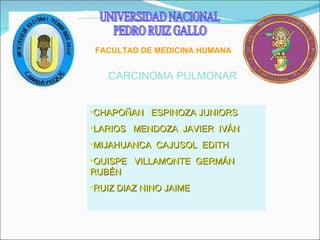 UNIVERSIDAD NACIONAL PEDRO RUIZ GALLO FACULTAD DE MEDICINA HUMANA ,[object Object],[object Object],[object Object],[object Object],[object Object],CARCINOMA PULMONAR 
