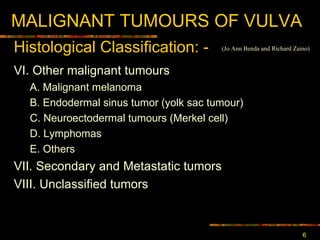 MALIGNANT TUMOURS OF VULVA VI. Other malignant tumours   A. Malignant melanoma B. Endodermal sinus tumor (yolk sac tumour) C. Neuroectodermal tumours (Merkel cell) D. Lymphomas E. Others  VII. Secondary and Metastatic tumors VIII. Unclassified tumors Histological Classification : - (Jo Ann Benda and Richard Zaino) 