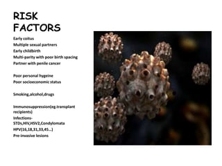 RISK
FACTORS
Early coitus
Multiple sexual partners
Early childbirth
Multi-parity with poor birth spacing
Partner with penile cancer
Poor personal hygeine
Poor socioeconomic status
Smoking,alcohol,drugs
Immunosuppression(eg.transplant
recipients)
Infections-
STDs,HIV,HSV2,Condylomata
HPV(16,18,31,33,45…)
Pre-invasive lesions
 