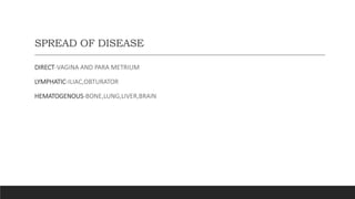 SPREAD OF DISEASE
DIRECT-VAGINA AND PARA METRIUM
LYMPHATIC-ILIAC,OBTURATOR
HEMATOGENOUS-BONE,LUNG,LIVER,BRAIN
 
