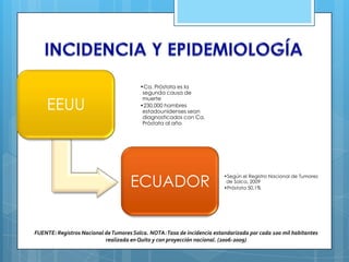 EEUU
•Ca. Próstata es la
segunda causa de
muerte
•230.000 hombres
estadounidenses sean
diagnosticados con Ca.
Próstata al año
ECUADOR
•Según el Registro Nacional de Tumores
de Solca, 2009
•Próstata 50,1%
FUENTE: Registros Nacional deTumores Solca. NOTA:Tasa de incidencia estandarizada por cada 100 mil habitantes
realizada en Quito y con proyección nacional. (2006-2009)
 
