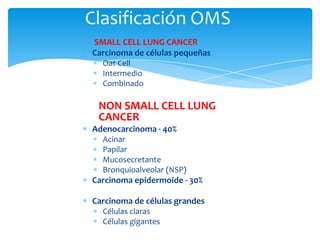 SMALL CELL LUNG CANCER
Carcinoma de células pequeñas
Oat Cell
Intermedio
Combinado
NON SMALL CELL LUNG
CANCER
Adenocarcinoma - 40%
Acinar
Papilar
Mucosecretante
Bronquioalveolar (NSP)
Carcinoma epidermoide - 30%
Carcinoma de células grandes
Células claras
Células gigantes
Clasificación OMS
 
