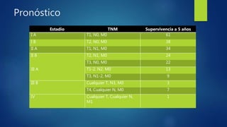 Pronóstico
Estadio TNM Supervivencia a 5 años
I A T1, N0, M0 61
I B T2, N0, M0 38
II A T1, N1, M0 34
II B T2, N1, M0 24
T3, N0, M0 22
III A T1-2, N2, M0 13
T3, N1-2, M0 9
III B Cualquier T, N3, M0 3
T4, Cualquier N, M0 7
IV Cualquier T, Cualquier N,
M1
1
 