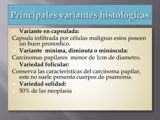  Variante en capsulada:
Capsula infiltrada por células malignas estos poseen
un buen pronostico.
 Variante mínima, diminuta o minúscula:
Carcinomas papilares menor de 1cm de diametro.
 Variedad folicular:
Conserva las caracteristicas del carcinoma papilar,
este no suele presenta cuerpos de psamoma.
 Variedad solidad:
 50% de las neoplasia
 