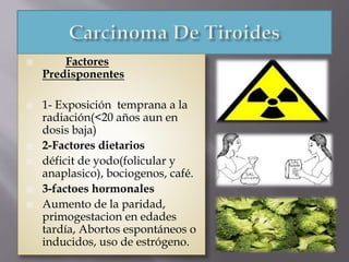  Factores
Predisponentes
 1- Exposición temprana a la
radiación(<20 años aun en
dosis baja)
 2-Factores dietarios
 déficit de yodo(folicular y
anaplasico), bociogenos, café.
 3-factoes hormonales
 Aumento de la paridad,
primogestacion en edades
tardía, Abortos espontáneos o
inducidos, uso de estrógeno.
 