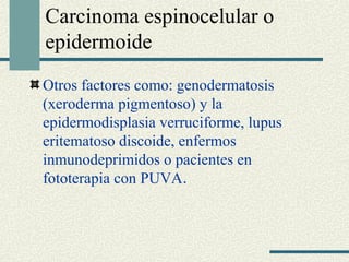 Carcinoma espinocelular o 
epidermoide 
Otros factores como: genodermatosis 
(xeroderma pigmentoso) y la 
epidermodisplasia verruciforme, lupus 
eritematoso discoide, enfermos 
inmunodeprimidos o pacientes en 
fototerapia con PUVA. 
 