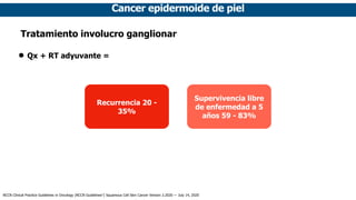 Cancer epidermoide de piel
Tratamiento involucro ganglionar
• Qx + RT adyuvante =
Recurrencia 20 -
35%
Supervivencia libre
de enfermedad a 5
años 59 - 83%
NCCN Clinical Practice Guidelines in Oncology (NCCN Guidelines®
) Squamous Cell Skin Cancer Version 2.2020 — July 14, 2020
 
