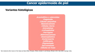 Cancer epidermoide de piel
Variantes histológicas
•Acantolítico o adenoides
•Pagetoide
•Células pequeñas
•Basoescamoso
•Cé...