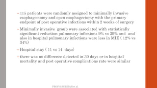PROF S.SUBBIAH et al.
• 115 patients were randomly assigned to minimally invasive
esophagectomy and open esophagectomy wit...