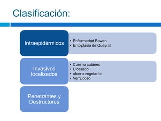 Clasificación:

                     • Enfermedad Bowen
  Intraepidérmicos   • Eritoplasia de Queyrat



                     •   Cuerno cutáneo
     Invasivos       •   Ulcerado
    localizados      •   ulcero-vegetante
                     •   Verrucoso



   Penetrantes y
   Destructores
 