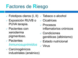 Factores de Riesgo
   Fototipos claros (I, II)      Tabaco o alcohol
   Exposición RUVB o             Cicatrices
    PUVA terapia.                 Procesos
   Pacientes con                  inflamatorios crónicos
    xeroderma                     Condiciones
    pigmentoso.                    genéticas (albinismo)
   Pacientes                     Estado nutricional
    Inmunosuprimidos              Virus
   Carcinogénicos
    industriales (arsénico)
 